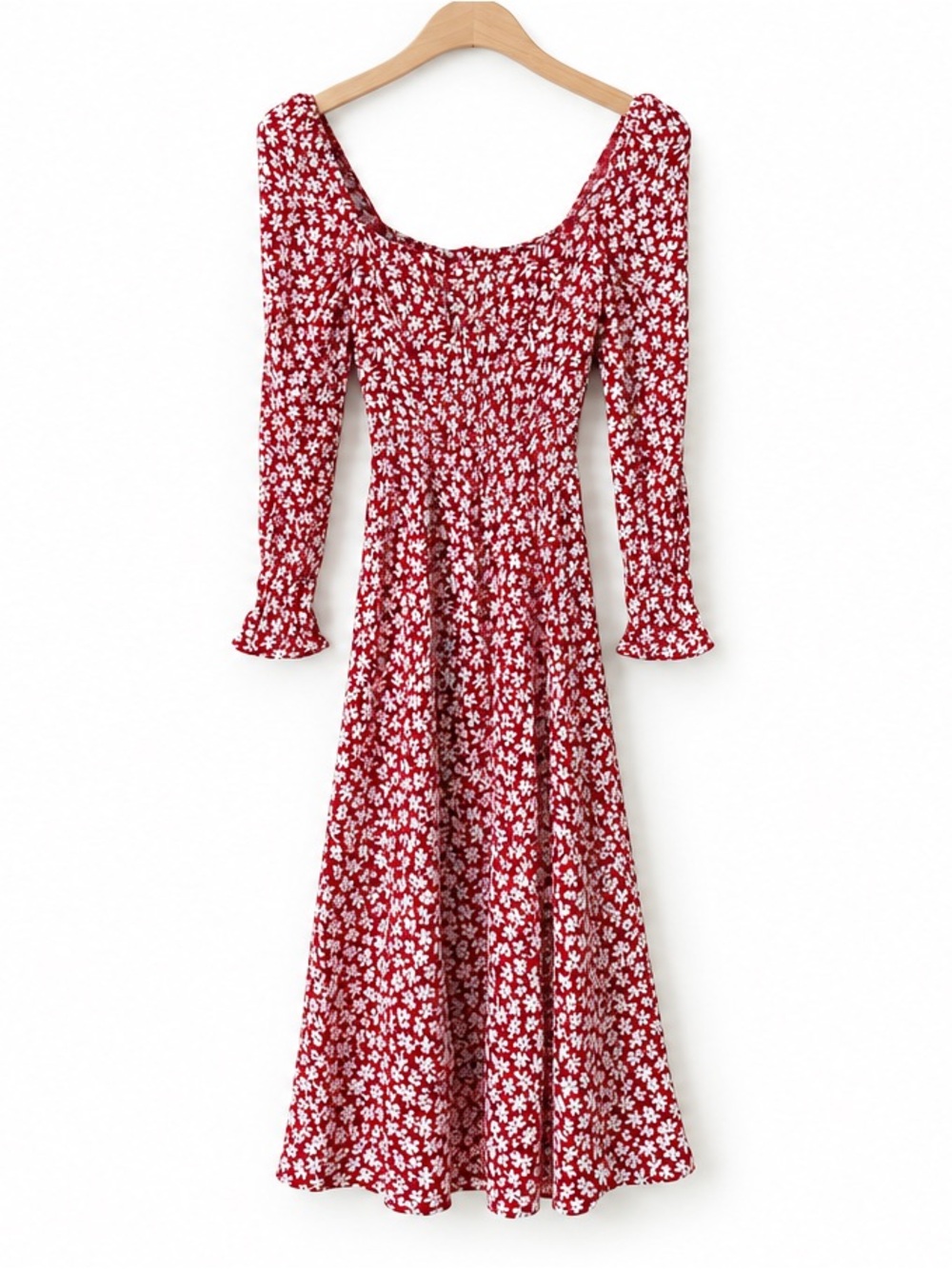 Reformation Red Ivory Floral Square Neck 3/4 Sleeve Midi Dress Size 0 Boho Style - Picture 7 of 11